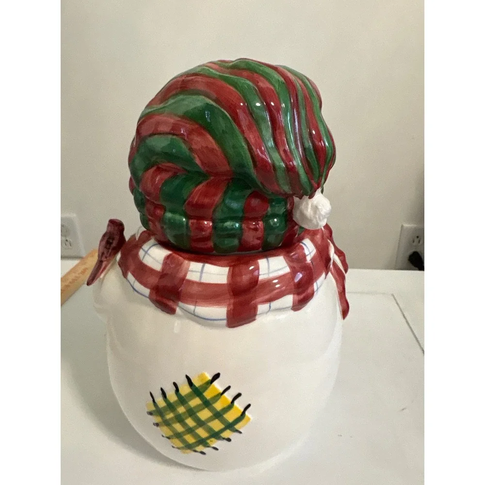 Holly Tree Snowman Cookie Jar Christmas Ceramic Holiday Canister Red Green 11in